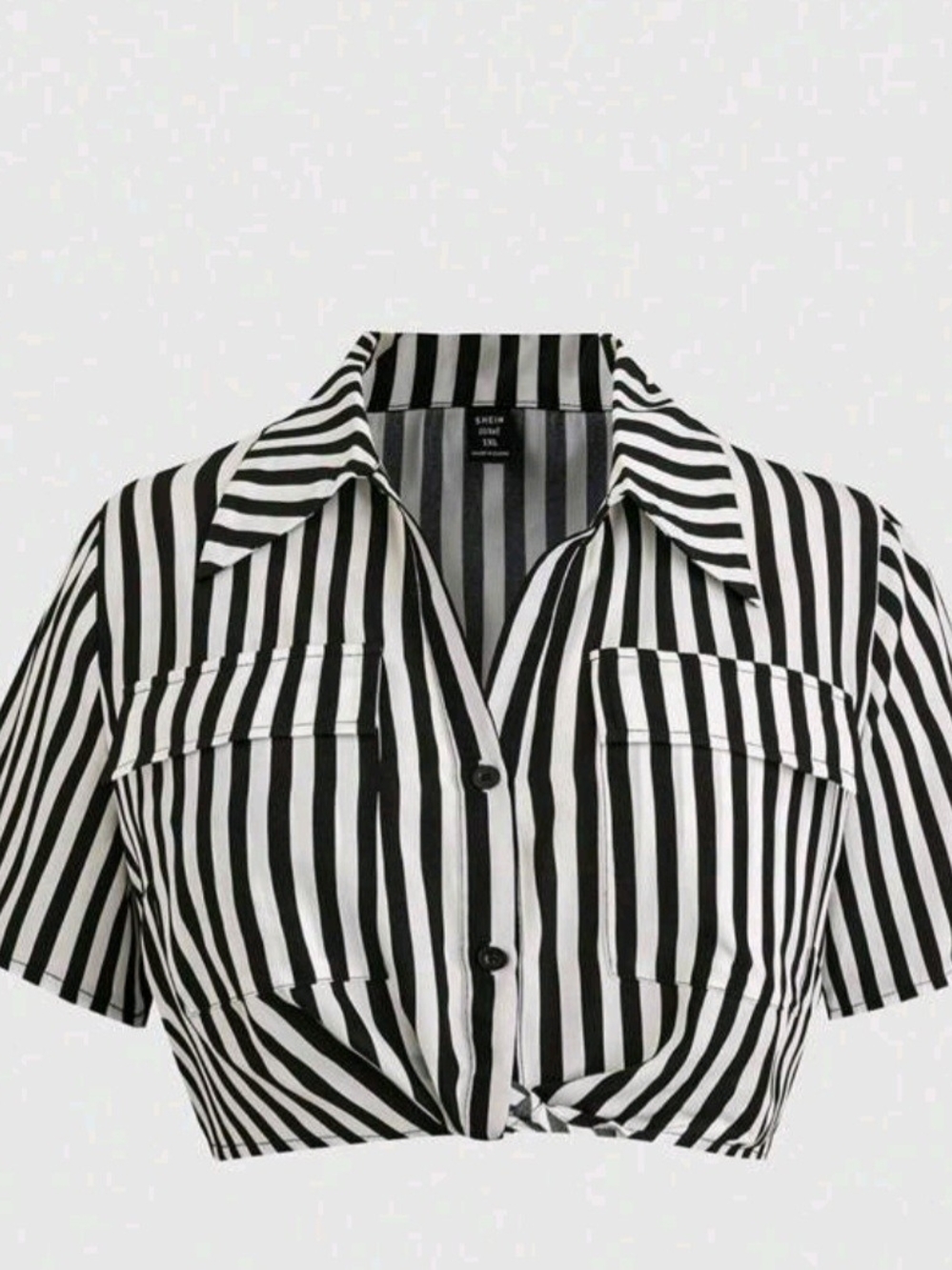 SHEIN Black & White Striped Cropped Knot-Front Button Down Shirt